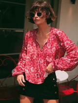 Boho Floral Long Sleeve V Neck Top Blouse