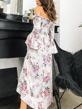 2018 Floral Print Off Shoulder Long Sleeve Irregular Dress