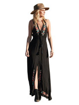 Bohemian Lace-up V-neck Embroidered Sleeveless Holiday Long Dress