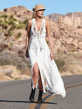 Bohemian Lace-up V-neck Embroidered Sleeveless Holiday Long Dress