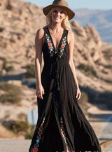 Bohemian Lace-up V-neck Embroidered Sleeveless Holiday Long Dress