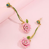 Long Pink Flower Dangle Earrings