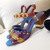 New Purple Designer Women Chunky High Heels Sandals Rivets Wedding Shoes Woman Comfortable Summer Genuine Leather Dress Shoes