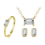 Classic Emerald Cut Cubic Zirconia 925 Sterling Silver Necklace, Earrings & Ring Wedding Jewelry Set