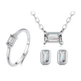 Classic Emerald Cut Cubic Zirconia 925 Sterling Silver Necklace, Earrings & Ring Wedding Jewelry Set