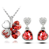 Four-Leaf Clover Crystal Heart Necklace & Earrings Fashion Jewelry Set Four-Leaf Clover Crystal Heart Necklace & Earrings Fashion Jewelry Set