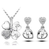 Four-Leaf Clover Crystal Heart Necklace & Earrings Fashion Jewelry Set Four-Leaf Clover Crystal Heart Necklace & Earrings Fashion Jewelry Set