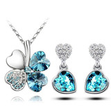 Four-Leaf Clover Crystal Heart Necklace & Earrings Fashion Jewelry Set Four-Leaf Clover Crystal Heart Necklace & Earrings Fashion Jewelry Set