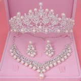 Crystal, Pearl and Rhinestone Tiara, Necklace & Earrings Wedding Jewelry Set