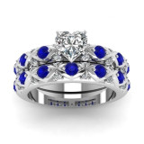 Blue Inlay and Blue/White Cubic Zirconia Heart Stainless Steel Wedding Ring Set