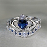 Silver Celtic Dragon Inlay and Blue Cubic Zirconia Claddagh Stainless Steel Wedding Ring Set Silver Celtic Dragon Inlay and Blue Cubic Zirconia Claddagh Stainless Steel Wedding Ring Set