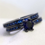 Black Celtic Dragon Inlay and Blue Cubic Zirconia Stainless Steel Wedding Ring Set