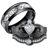 Silver Celtic Dragon Inlay and White Heart Cubic Zirconia Claddagh Stainless Steel Wedding Ring Set Silver Celtic Dragon Inlay and White Heart Cubic Zirconia Claddagh Stainless Steel Wedding Ring Set