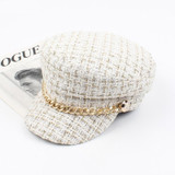 Plaid Tweed Flat Top Newsboy Cap with Chain