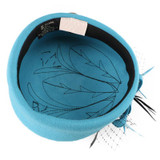 Wool Pillbox Fascinator Hat with Netted Veil, Flower, Feathers and Beads