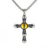 Silver Skull Cross with Sapphire Cat's Eye Pendant and Chain Necklace