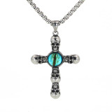Silver Skull Cross with Sapphire Cat's Eye Pendant and Chain Necklace
