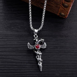 Steel Winged Crystal Heart Cross with Snake Accent Pendant Necklace