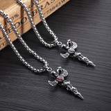 Steel Winged Crystal Heart Cross with Snake Accent Pendant Necklace