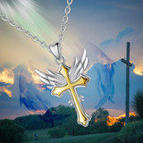 Two-Tone Silver and Gold Angel Wing Cross Pendant Necklace Two-Tone Silver and Gold Angel Wing Cross Pendant Necklace