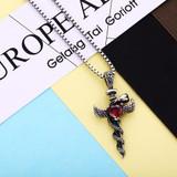 Silver Winged Sword Cross and Snake Pendant with Crystal Heart Necklace