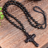 Black Obsidian Crucifix Pendant and Beaded Necklace