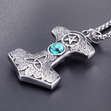 Silver Thor’s Hammer Pendant with Sapphire Cat Eye Necklace