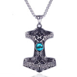 Silver Thor’s Hammer Pendant with Sapphire Cat Eye Necklace