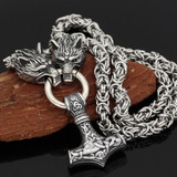 Thor's Hammer Pendant with Two Wolf Heads Byzantine Chain Necklace