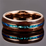 8mm Rose Gold Tungsten Carbide in Blue Inlay with Wood Koa Wedding Band 8mm Rose Gold Tungsten Carbide in Blue Inlay with Wood Koa Wedding Band