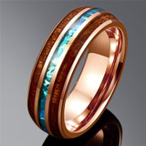8mm Rose Gold Tungsten Carbide in Blue Inlay with Wood Koa Wedding Band 8mm Rose Gold Tungsten Carbide in Blue Inlay with Wood Koa Wedding Band