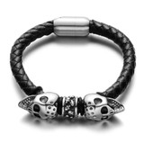 Black Braided Leather Stainless Steel Twin Devil's Skull Bracelet Black Braided Leather Stainless Steel Twin Devil's Skull Bracelet