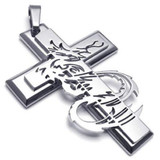 Men Stainless Steel Gothic Dragon Cross Pendant Necklace, 24 inch Chain