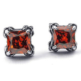 Men Cubic Zirconia Stainless Steel Square Gothic Dragon Claw Stud Earrings, Red Silver