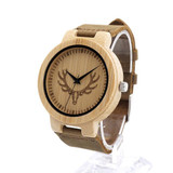 Wooden Bamboo Watch with Deer and Analog Dial Leather Band