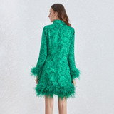 Feather Trim Dress-  Long Sleeve Feather Mini Dress