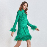 Feather Trim Dress-  Long Sleeve Feather Mini Dress