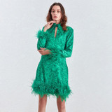 Feather Trim Dress-  Long Sleeve Feather Mini Dress