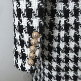 Houndstooth Coat - Double Breasted Lion Buttons Tweed Long Coat