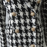 Houndstooth Coat - Double Breasted Lion Buttons Tweed Long Coat