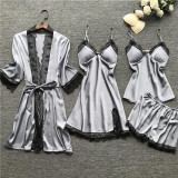 Satin Pyjama Set With Dressing Gown - Lace Trim