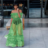 Echoine Ruffle Sheer Mesh Dress Plus Size Sexy Slash Neck Off Shoulder Long Maxi Dress Evening Club Outfits Elegant Party Dress