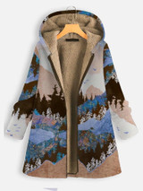 2020 Winter Zipper Hooded Women Thick Coat Landscape Print Vintage Plush Cotton Parkas
