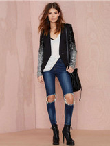 Black Silver Long Sleeve Button Gradient Sequin Sleeve PU Trim Blazer