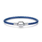 Long Single Blue Braided Leather Chain Bracelets with 925 Sterling Silver Snake Clasp