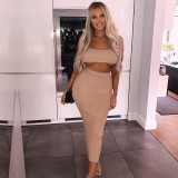 2 Piece Set Womens Dress Ribbed Crop Top And Skirt Set Midi Dress