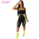 Adogirl Sheer Mesh Color Patchwork Strapless Jumpsuit Fashion Sexy Knee Length Romper Women Slim Playsuits Summer Body Suits