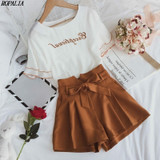 Fashion 2 Piece Set Women O-Neck Letter Print Short Petal Sleeve Top And Shorts Sets Sweet Elastic Waist+Drawstring