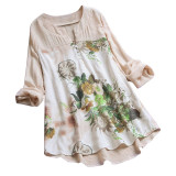 Blouse Women Vintage V-Neck Floral Printing Patch Long Sleeves Top Shirt Dames Blouses Lange Mouwen Chemisier Femme Woman Blouse