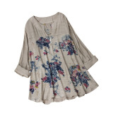 Blouse Women Vintage V-Neck Floral Printing Patch Long Sleeves Top Shirt Dames Blouses Lange Mouwen Chemisier Femme Woman Blouse